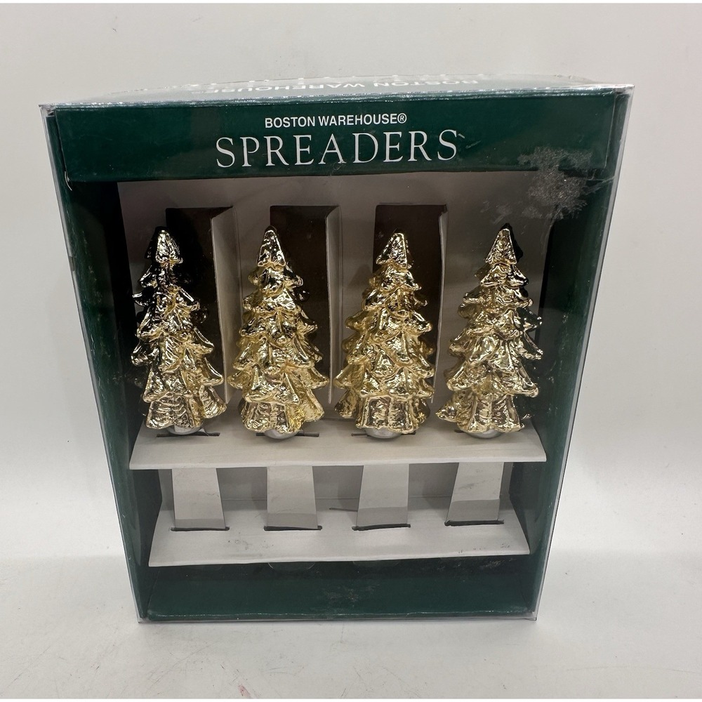 VTG CHRISTMAS SPREADERS: CHRISTMAS TREE SPREADERS BOSTON WAREHOUSE SET OF 4 NIB